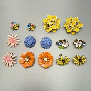 Vintage Enamel Flower Earring Lot Clip On Screw Back 7 Pairs 1 Celluloid Spring